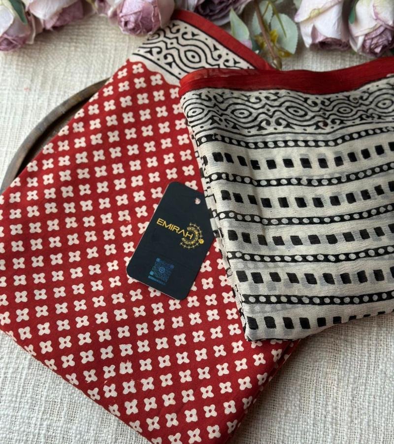 Crimson Dabu Print Cotton Ensemble - Jet Black