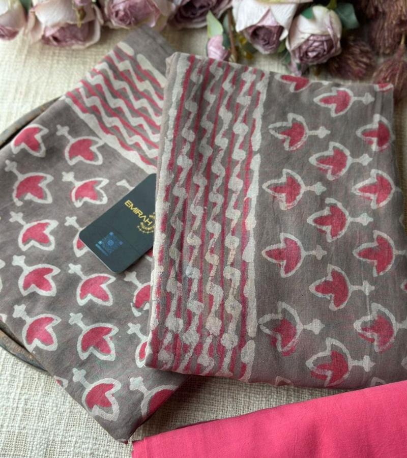 Earthy Grey & Rose Hand-Block Cotton Suit - Ruby Red