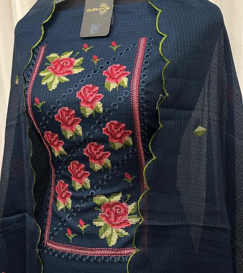 Navy Blue Floral Embroidered Kota Suit - Jet Black