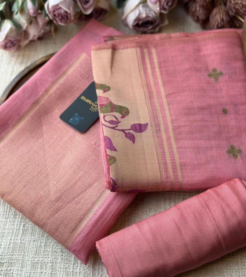 Elegant Blush Pink Jamdani Chanderi Suit - Royal Blue