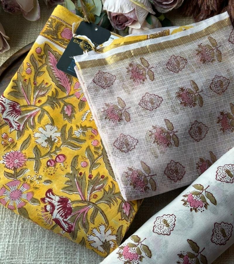 Vibrant Botanical Hand-Block Cotton Suit - Jet Black