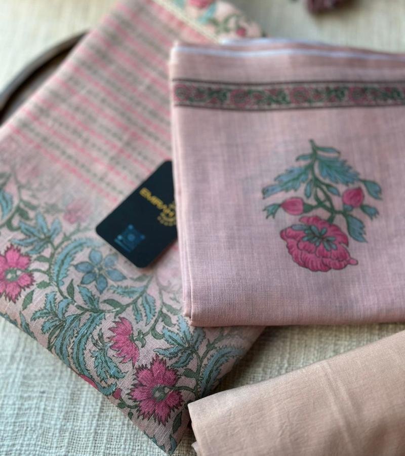 Elegant Floral Semi Linen Suit - Ruby Red