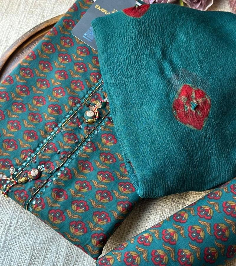 Charming Floral Cotton Suit with Textured Chiffon Dupatta - Emerald Green