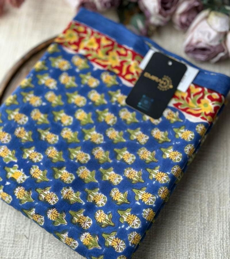  Indigo Floral Mul Cotton Suit - Ruby Red