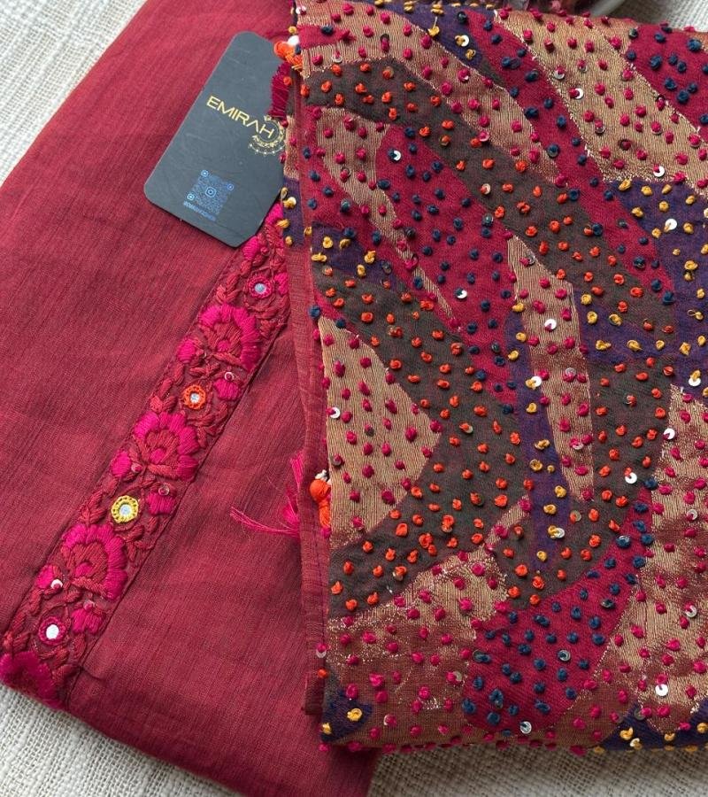 Festive Maroon Chanderi Jamdani Suit with Embroidered Neckline - Mixed Colors