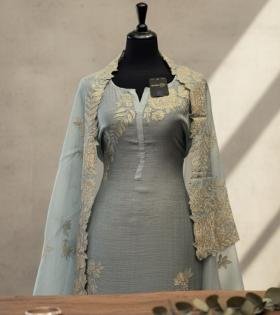 Malai Chanderi Unstitched Suit with Embroidery - Royal Blue