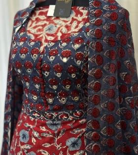 Floral Block Print Suit with Statement Dupatta - Ruby Red