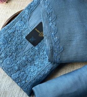 Title: Elegant Powder Blue Mul Chanderi Suit with Intricate Embroidery - Silver
