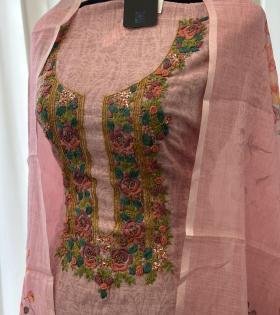 Graceful Pink Semi Linen Suit with Floral Embroidered Neckline - Ruby Red