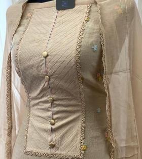  Beige Mul Chanderi with Pintucks and Pastel Accents - Rose Pink