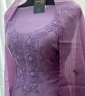 Floral Elegance Mul Chanderi Suit - Ruby Red