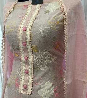  Pastel Bloom Mul Chanderi Elegance - Ruby Red