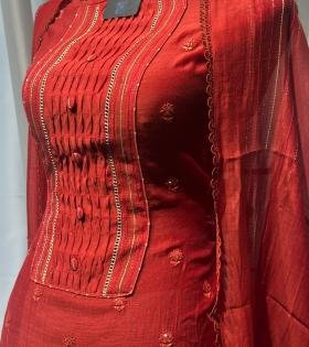Elegant Mul Chanderi Suit Set with Handcrafted Pintucks & Embroidered Detailing - Mixed Colors