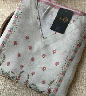 Semi Linen Floral Embroidered Suit - Charcoal Grey