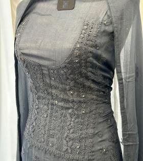 Elegant Embroidered Dola Silk Suit - Charcoal Grey