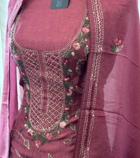 Dola Silk Floral Embroidered Suit  - Rose Pink