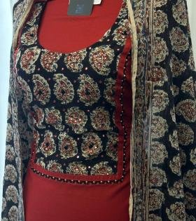Crimson Kalamkari Cotton Suit  - Mixed Colors