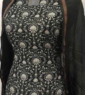 Maheshwari Silk Floral Suit - Jet Black