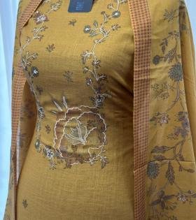 Mustard Floral Embroidered Cotton Suit - Mixed Colors