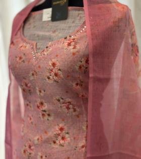 Graceful Floral Semi Linen Suit - Jet Black